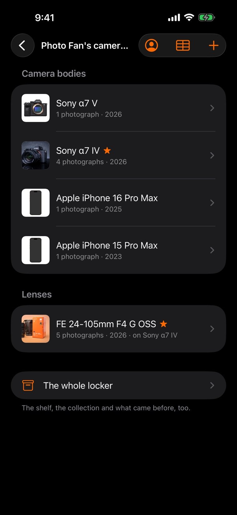 The camera bag in the pctrs app